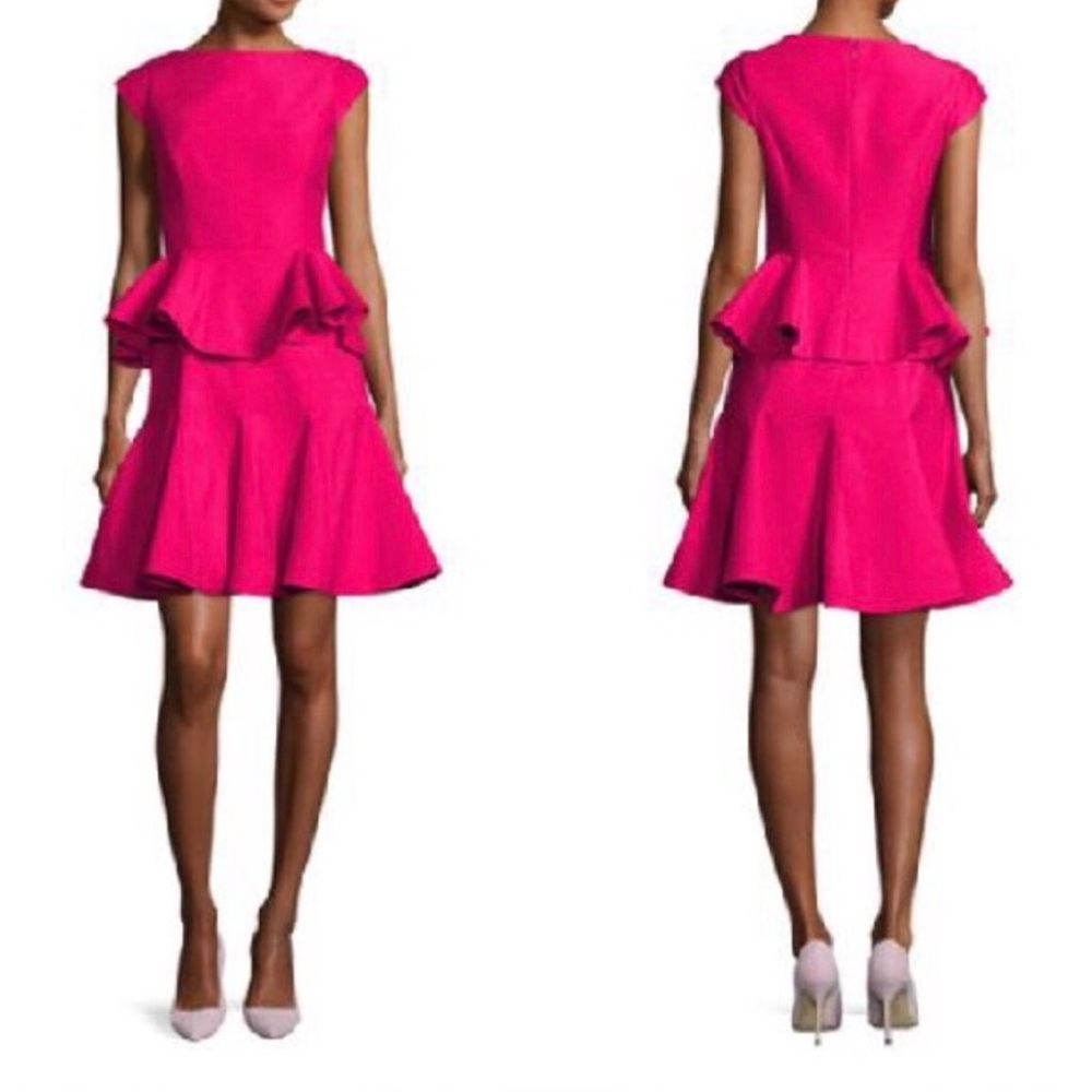 Halston Heritage Pink Peplum Cap Sleeve Tiered Ruffle Dress Size 14